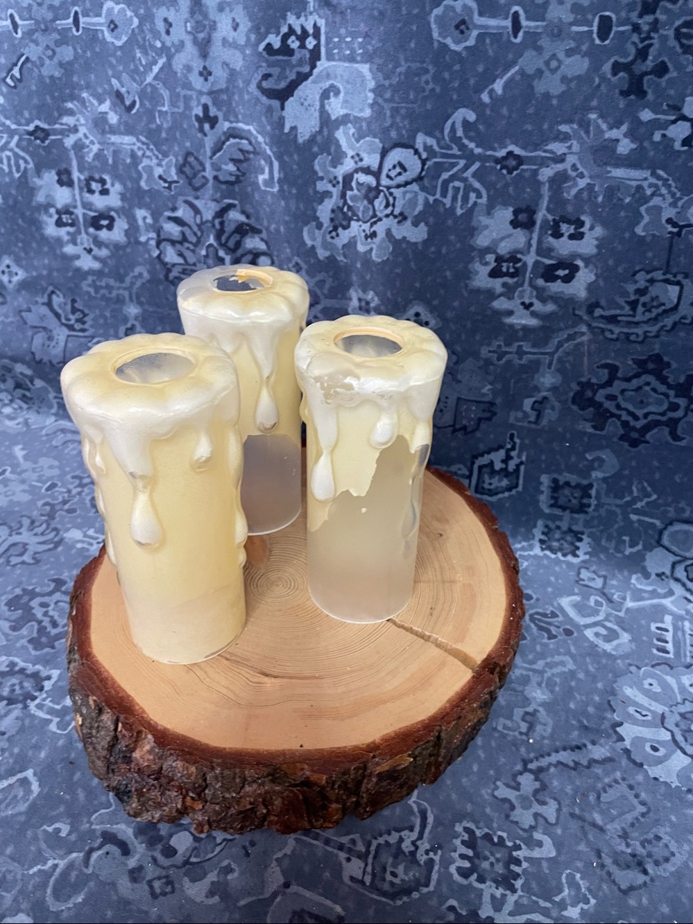 3 Vintage Reverse Painted Glass Chandelier Candle Sleeves 5" dripping Candles